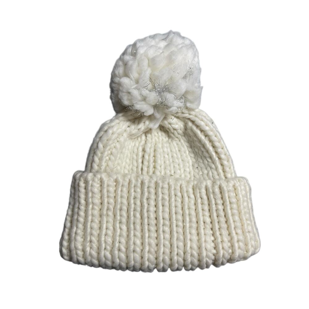 Bebe Girls Kids White Ribbed Knit Metallic Fringe Pom Pom Bonnet Beanie Hot OS